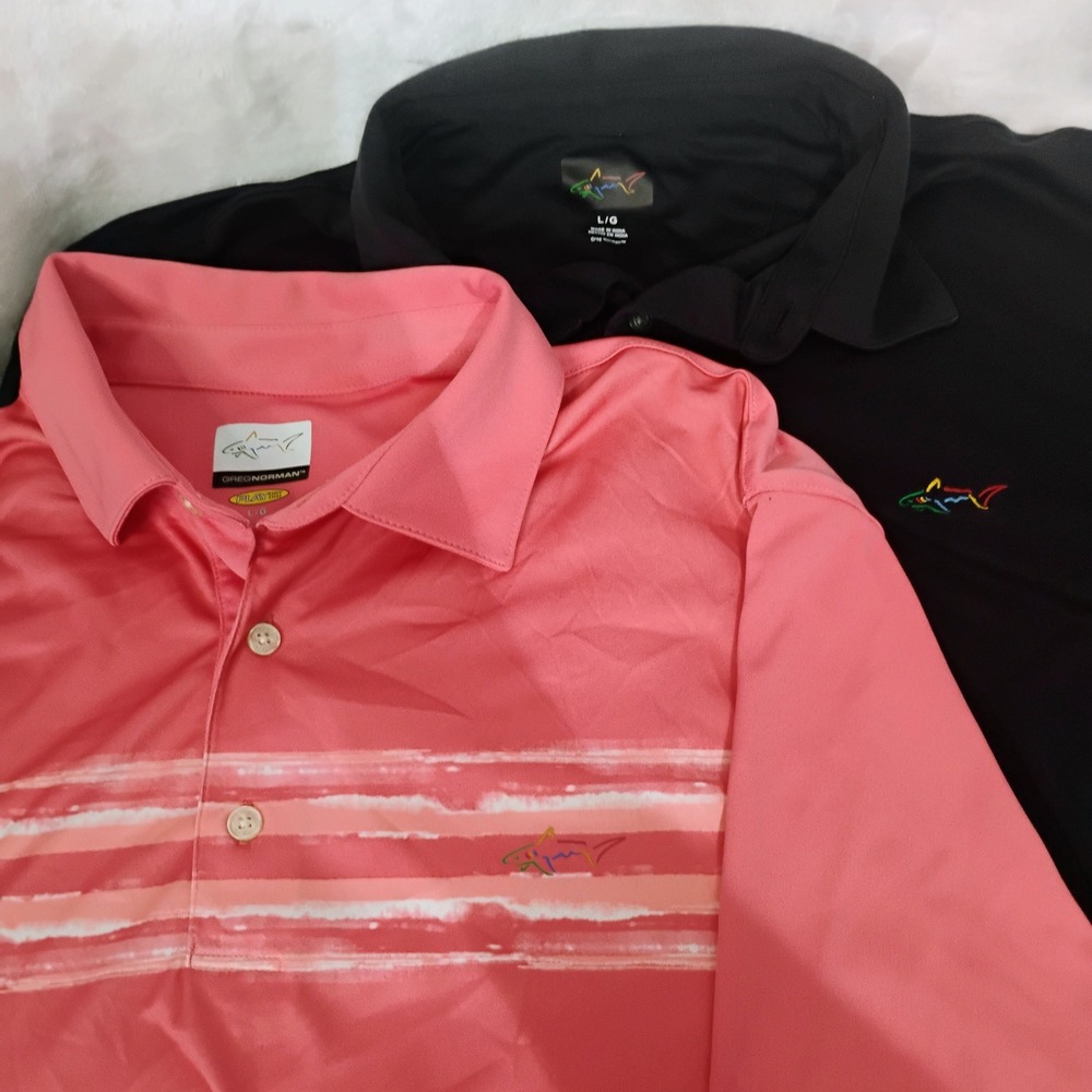 Lot of 2 Greg Norman Golf Polo Shirts Mens Large Black Coral Pink Stripe K